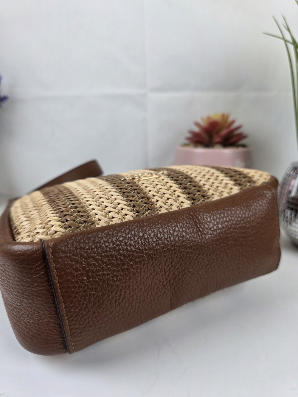 Coach Hadley Brown Mini Natural Woven Leather-Trim Crossbody Straw Bag - Picture 10 of 12